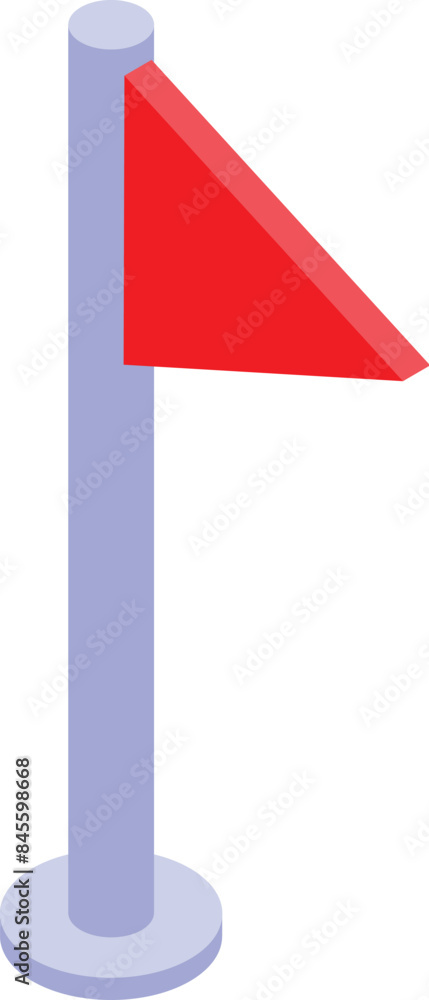 Poster red triangular flag pointing right on a flagpole on white background