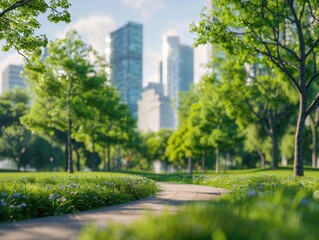 Fototapeta premium 3D model of urban park emphasizing clean air benefits, close up, environmental awareness, realistic, Composite, cityscape backdrop