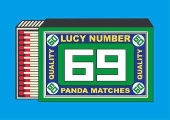 lucky 69 number vector icon. illustration in Matchbox and matches illustration. Vintage and antique matchbox packaging design illustration. retro style packaging. old style design. open box template