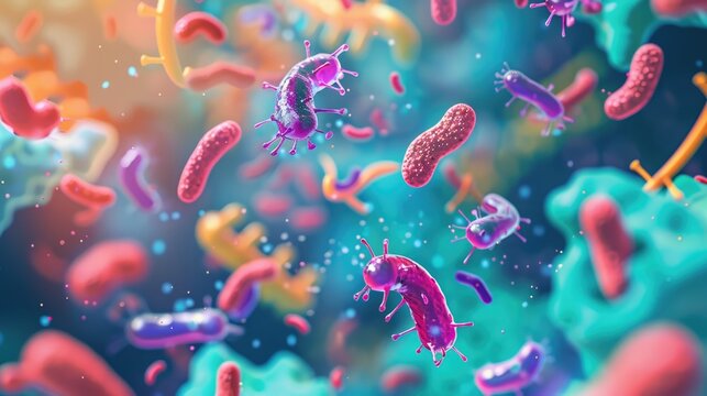 Colorful 3D models of human microbiota interacting, focus on, microbiome theme, vibrant, overlay, gut environment backdrop