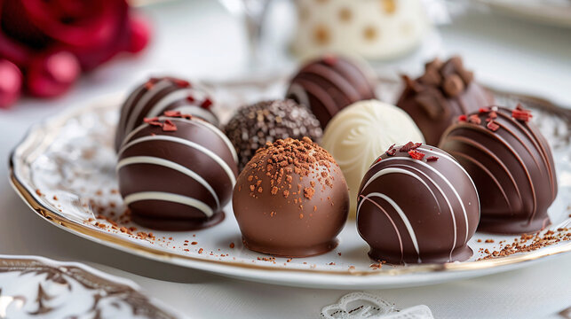 Beautifully presented chocolate bonbons on a fancy dessert plate
