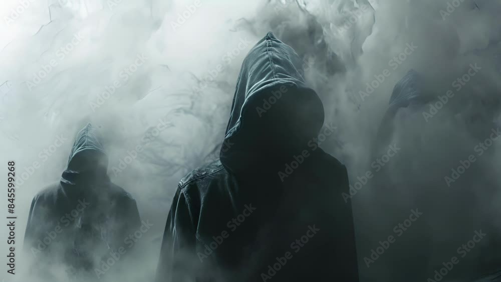 Poster camouflage ast the digital fog with hooded figures concealing their movements and actions in the wor