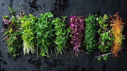 A close-up view of various vibrant microgreens, including arugula, mustard, and cilantro, arranged on a sleek black background. Generative AI