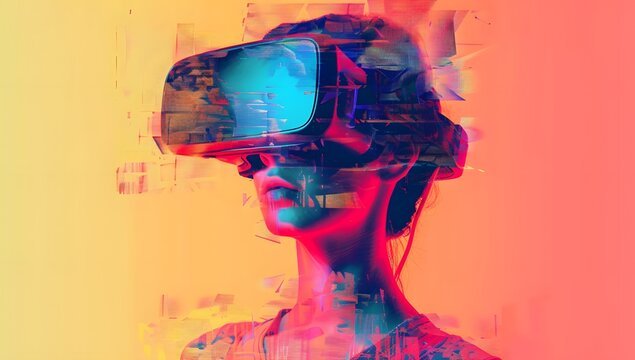 Woman wearing VR glasses in the style of glitch art. Virtual reality experience.