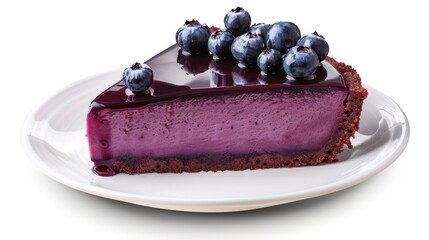 Blueberry cheesecake slice on white plate with blueberry topping. Dessert and culinary concept