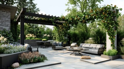 Modern Outdoor Patio with Contemporary Furniture and Pergola Covered in Climbing Vines