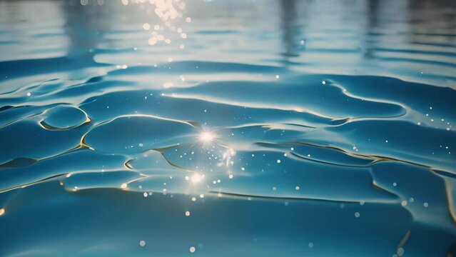 A close-up shot of blue pool water rippling gently, reflecting sunlight creating a shimmering effect.