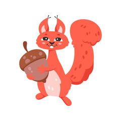 Cute forest squirrel with acorn. Adorable red animal, wild fauna cartoon vector illustration