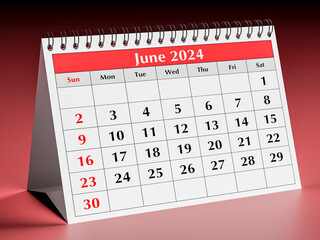 June 2024 calendar. One page of annual business desk monthly calendar