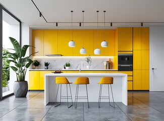 Modern kitchen interior with yellow cabinets, white counter and bar stools near the island in gray color