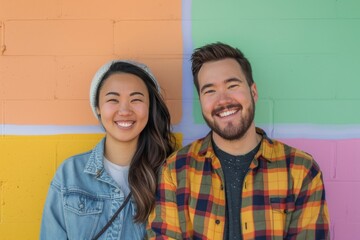 Obraz premium Portrait of a satisfied couple in their 20s wearing a comfy flannel shirt isolated on pastel multicolor background