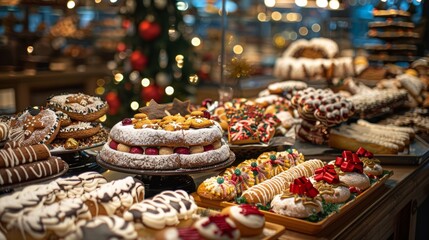 Fototapeta premium Festive Christmas Bakery Display with Gingerbread Cookies, Yule Logs, and Holiday Decorations