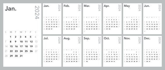 Classic monthly calendar for 2024. Calendar in the style of minimalist square shape. The week starts on Sunday. English text.