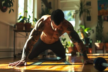 Fototapeta premium An active healthy muscular man is working out on a yoga mat or fitness mat with dumbbells intentionally in a house, bodybuilder.