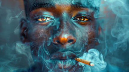 Young African American guy smoking cannabis or tobacco