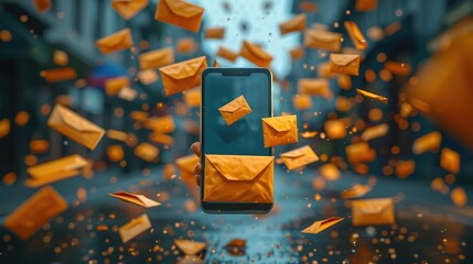 Email Flood: Envelopes Overflowing Above Smartphone