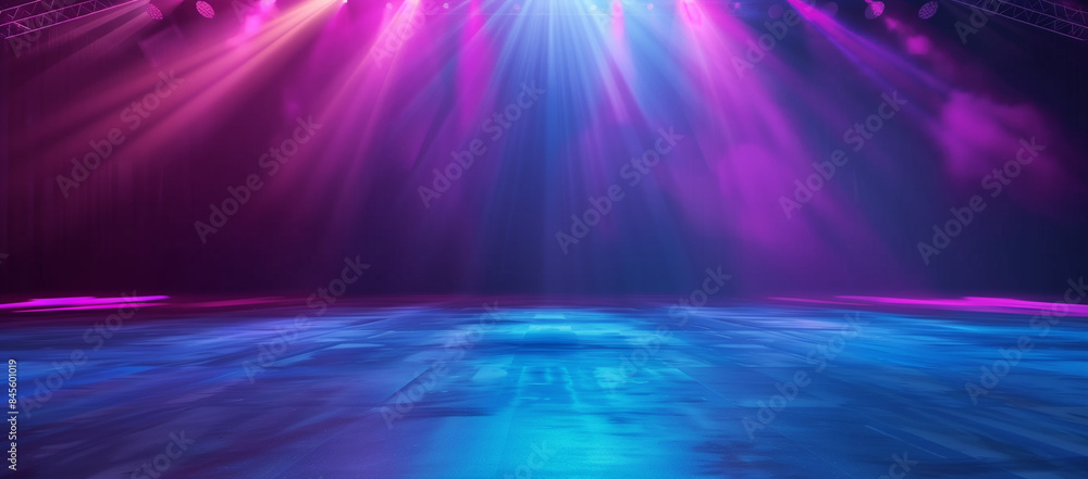 Poster a large dark stage with bright lights shining down, creating an atmosphere of blue and purple light 