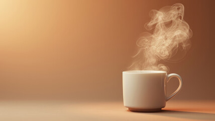 Steaming coffee cup on a warm brown background.