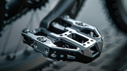 Close-up of a metal bicycle pedal on a mountain bike.