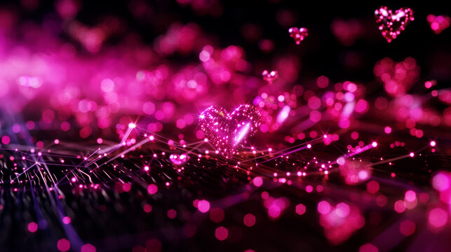 Mesh of connected pink hearts in abstract dark space, online dating service concept