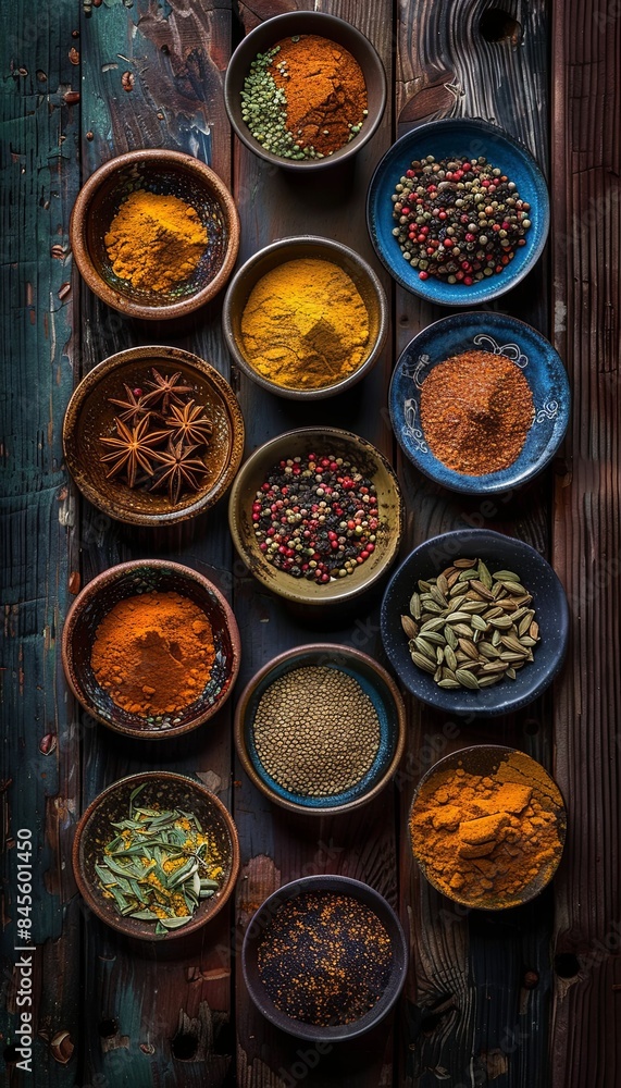 Poster an overhead shot of various colorful spices arranged in beautiful ceramic bowls on a rustic wooden t