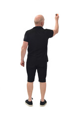 rear view of a man drawing or writing imaginatively on white background