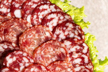 Thinly sliced salami slices close-up.