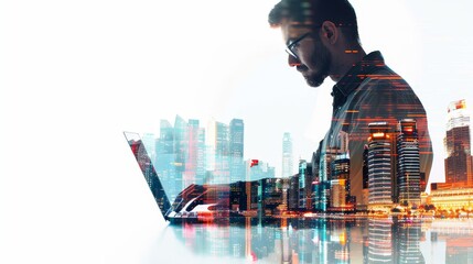 A double exposure image of a businessman working on a laptop combined with a city skyline, symbolizing technology, innovation, and urban business growth. Ideal for themes of modern entrepreneurship.