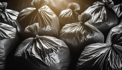 garbage bags filling the entire background, illuminated by backlight, symbolizing waste, pollution, environmental neglect, and urban decay