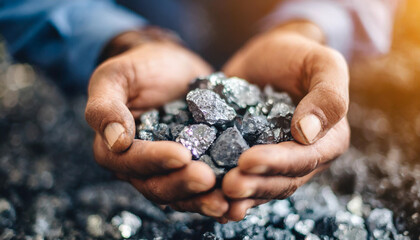 miner's weathered hands carefully holding precious minerals like platinum, silver, or rare earth elements. The detailed, macro focus highlights the raw textures and value of the minerals