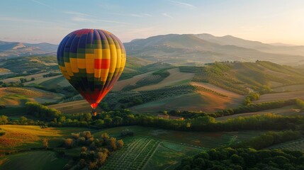 Obraz premium Colorful Hot Air Balloon Floating Over Scenic Valley at Dawn for Travel Posters and Wall Art