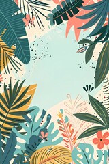 Summer banner template, frame with tropical leaves,monstera, palm tree. Hello summer. Space for text.Poster, template for social media, banner, postcard. Cartoon illustration