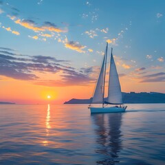 Fototapeta premium Vibrant Sunset Sailing in Scenic Santorini Seascape with Iconic White Backdrop