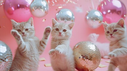 Adorable kittens playing with shiny disco balls on a vibrant pink background, creating a cute and playful scene perfect for various uses.