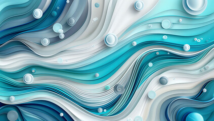 Paper 3d background with wavy lines and bubbles, in shades of blue, gray and white in the style of...