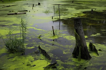 A shallow lake is covered in green algae.
