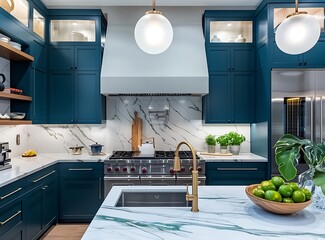 Modern kitchen with navy blue cabinets, white marble countertop and green accents, in luxury home interior design