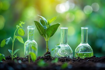 Four clear glass beakers containing plants and a green, natural background.