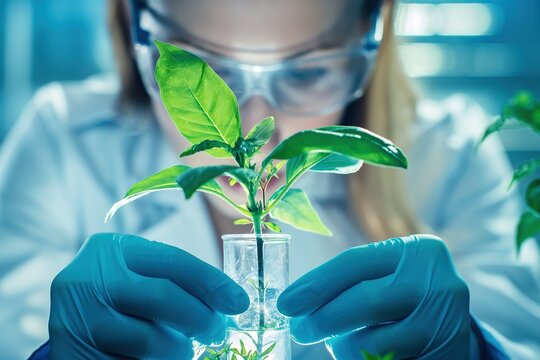 A scientist in a lab setting, wearing gloves, examines a young plant growing in a test tube.