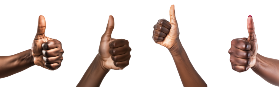 Set of thumbs up png, bundle of black hands showing a thumbs up sign, collection isolated on white or transparent background hd