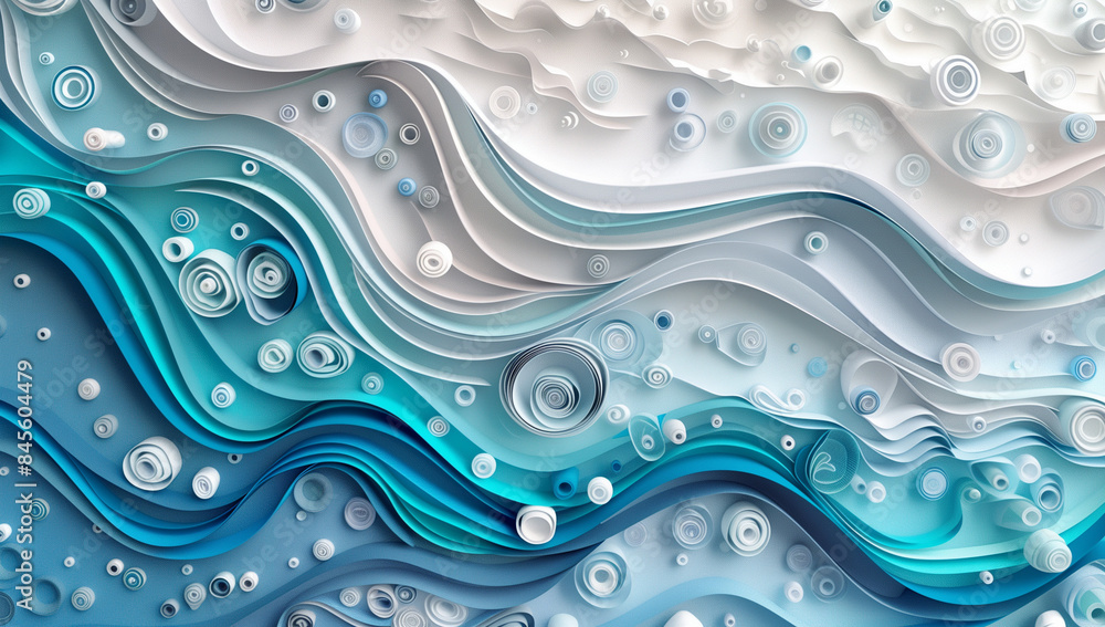 Poster abstract paper quilling art, swirling patterns of light blue and white waves with bubbles on the edg