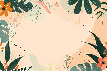 Summer banner template, frame with tropical leaves,monstera, palm tree. Hello summer. Space for text.Poster, template for social media, banner, postcard. Cartoon illustration