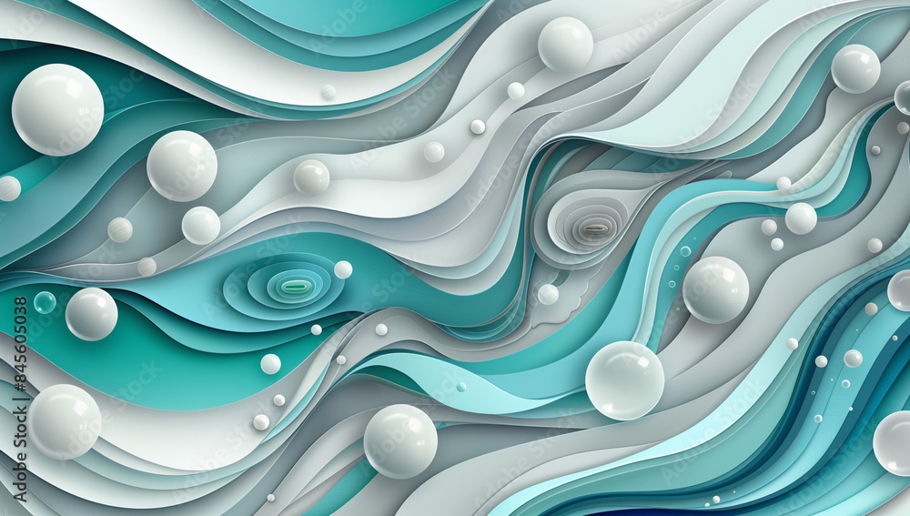 Poster 3d paper art of an abstract background with wavy patterns and bubbles in shades of blue, grey, teal 