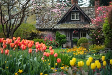 Obraz premium Spring Garden Bloom with Tulips, Daffodils, and Cottage: Serene Nature Backdrop for Posters and Cards