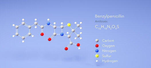 benzylpenicillin molecule, molecular structure, penicillin g, 3d model, Structural Chemical Formula and Atoms with Color Coding