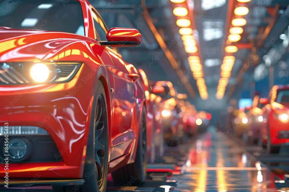 Poster busy factory assembly line producing modern cars using mass production techniques. concept factory a