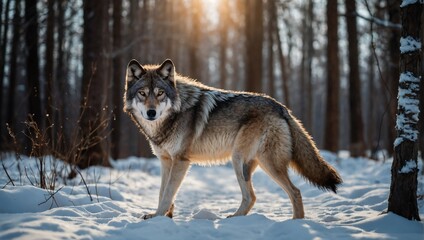 wolf standing on a forest path in winter close-up