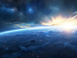 Fototapeta premium Celestial Ascendance: Earth and the Cosmos Rising with the Sun.. Panoramic view of the Earth, sun, star and galaxy. Sunrise over planet Earth, view from space