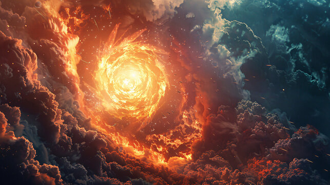 Dramatic depiction of a burning rocket launching into the sky