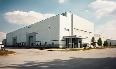 Obraz premium Modern White Warehouse Building with Glass Entrance